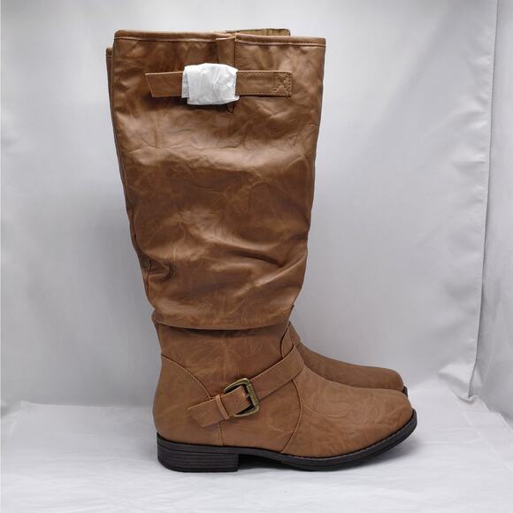 Journee Collection Women 10W Wide Calf Tan Knee High Slouch Riding Boots Buckle - Picture 1 of 11